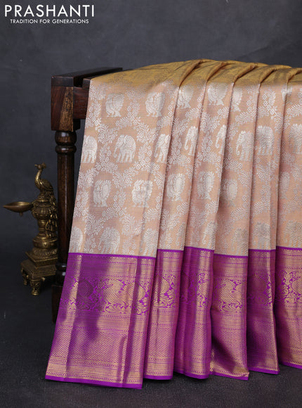 Pure kanchipuram tissue silk saree beige and purple with allover silver zari woven brocade weaves and long zari woven border