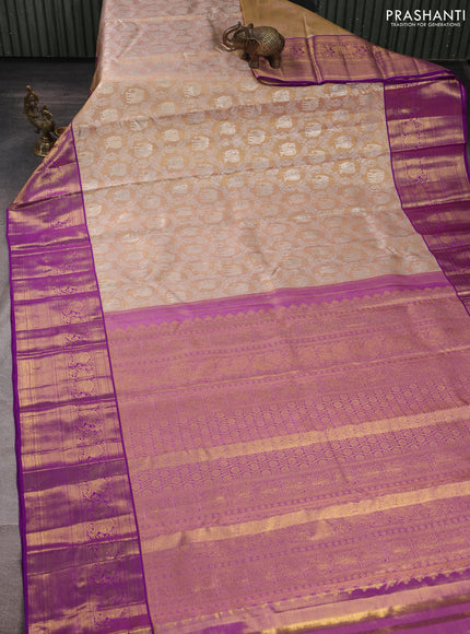 Pure kanchipuram tissue silk saree beige and purple with allover silver zari woven brocade weaves and long zari woven border