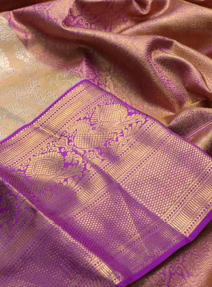 Pure kanchipuram tissue silk saree beige and purple with allover silver zari woven brocade weaves and long zari woven border