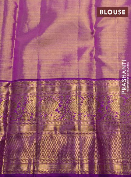 Pure kanchipuram tissue silk saree beige and purple with allover silver zari woven brocade weaves and long zari woven border