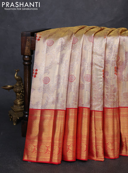 Pure kanchipuram tissue silk saree gold and red with allover silver zari woven brocade weaves and long zari woven border