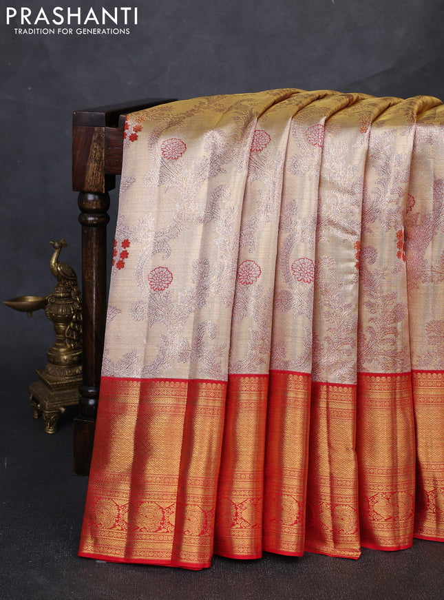 Pure kanchipuram tissue silk saree gold and red with allover silver zari woven brocade weaves and long zari woven border