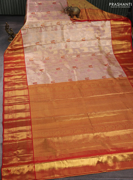 Pure kanchipuram tissue silk saree gold and red with allover silver zari woven brocade weaves and long zari woven border