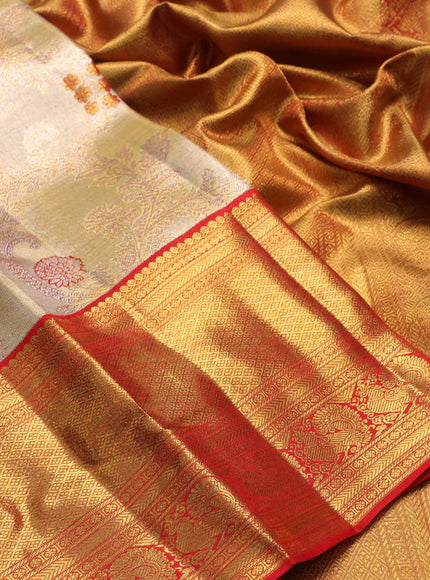 Pure kanchipuram tissue silk saree gold and red with allover silver zari woven brocade weaves and long zari woven border