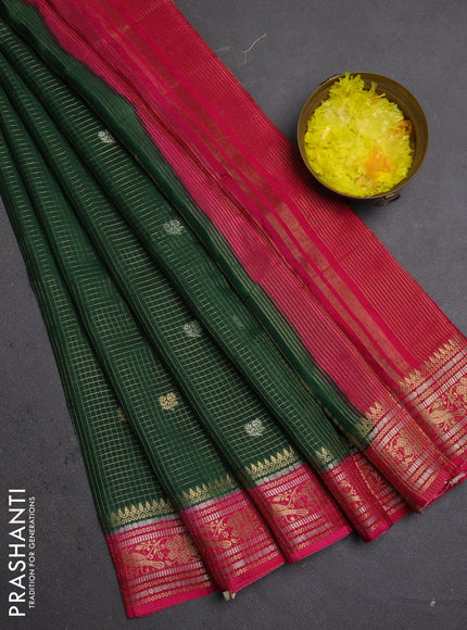 Semi mysore silk saree bottle green and pink with allover zari checks & buttas and zari woven border