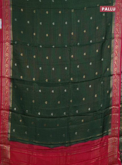 Semi mysore silk saree bottle green and pink with allover zari checks & buttas and zari woven border
