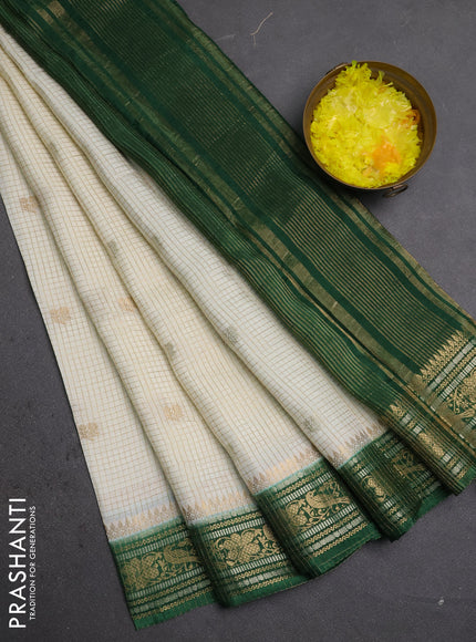 Semi mysore silk saree cream and green with allover zari checks & buttas and zari woven border