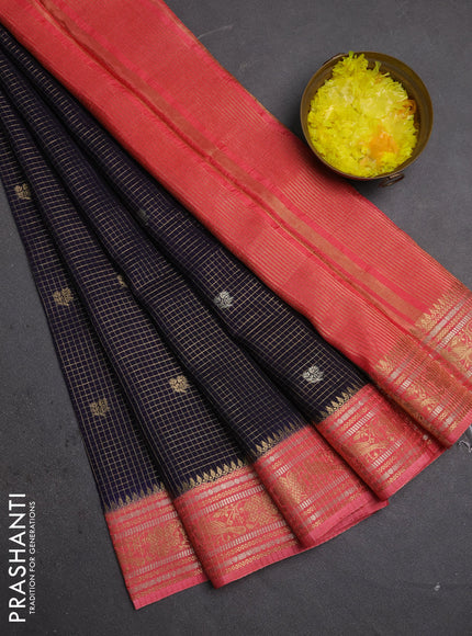 Semi mysore silk saree navy blue and peach pink with allover zari checks & buttas and zari woven border