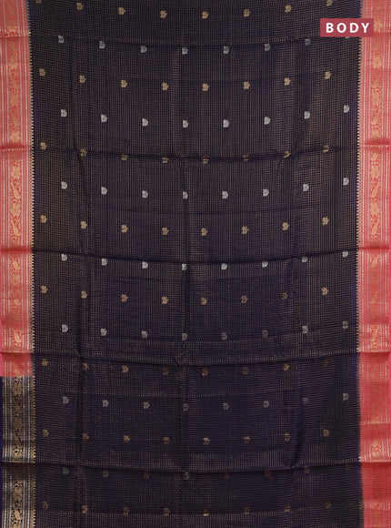Semi mysore silk saree navy blue and peach pink with allover zari checks & buttas and zari woven border
