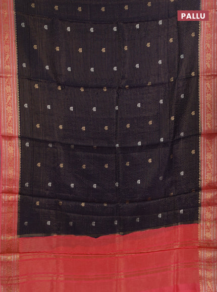Semi mysore silk saree navy blue and peach pink with allover zari checks & buttas and zari woven border