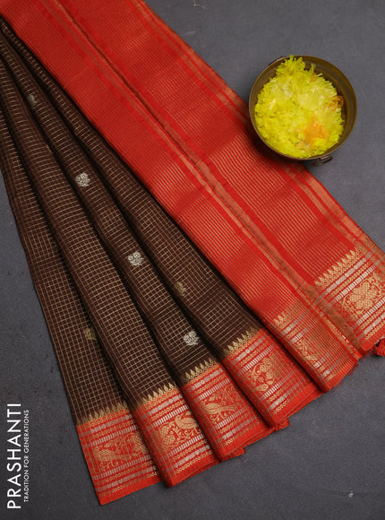 Semi mysore silk saree coffee brown and rust shade with allover zari checks & buttas and zari woven border