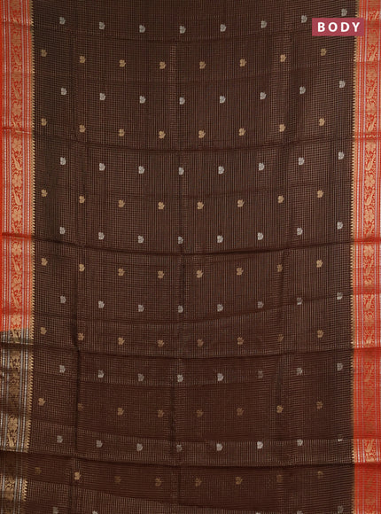 Semi mysore silk saree coffee brown and rust shade with allover zari checks & buttas and zari woven border