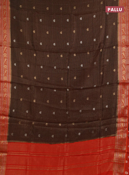 Semi mysore silk saree coffee brown and rust shade with allover zari checks & buttas and zari woven border
