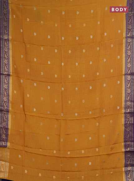 Semi mysore silk saree dark mustard and violet with allover zari checks & buttas and zari woven border