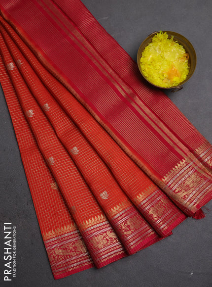 Semi mysore silk saree red and pink with allover zari checks & buttas and zari woven border