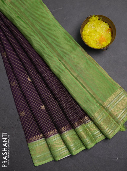 Semi mysore silk saree violet and pista green with allover zari checks & buttas and zari woven border
