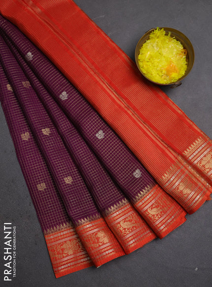 Semi mysore silk saree purple and orange with allover zari checks & buttas and zari woven border