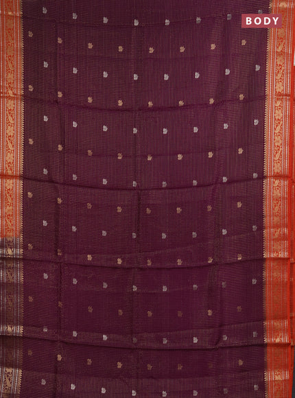 Semi mysore silk saree purple and orange with allover zari checks & buttas and zari woven border