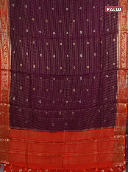 Semi mysore silk saree purple and orange with allover zari checks & buttas and zari woven border