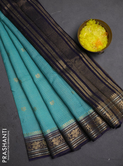 Semi mysore silk saree teal green and navy blue with allover zari checks & buttas and zari woven border