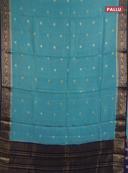 Semi mysore silk saree teal green and navy blue with allover zari checks & buttas and zari woven border