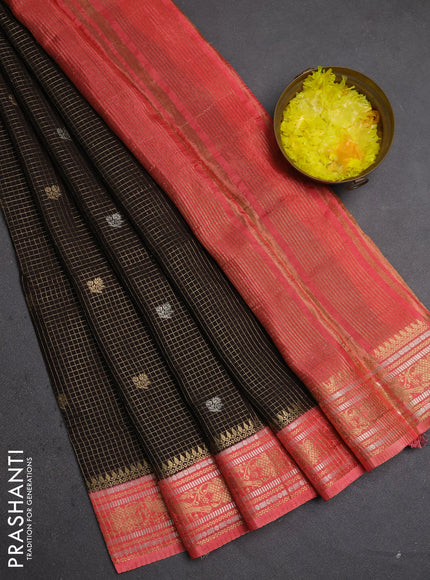 Semi mysore silk saree jamun shade and peach pink with allover zari checks & buttas and zari woven border