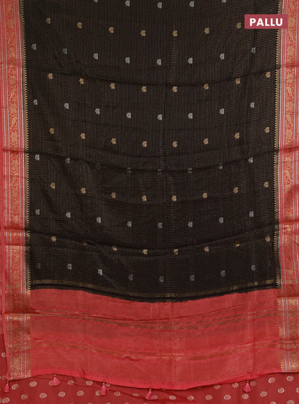 Semi mysore silk saree jamun shade and peach pink with allover zari checks & buttas and zari woven border