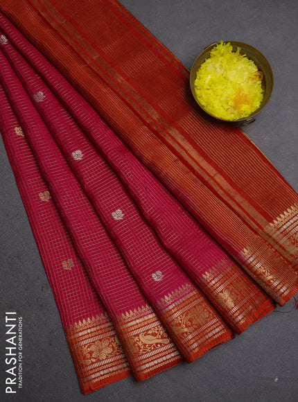 Semi mysore silk saree pink and red with allover zari checks & buttas and zari woven border
