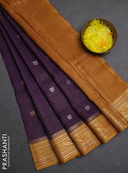 Semi mysore silk saree violet and dark mustard with allover zari checks & buttas and zari woven border