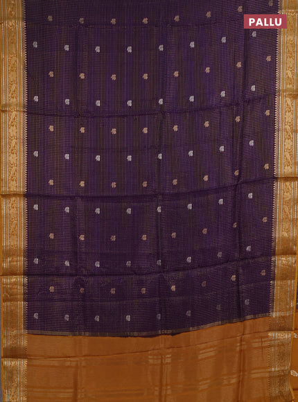 Semi mysore silk saree violet and dark mustard with allover zari checks & buttas and zari woven border