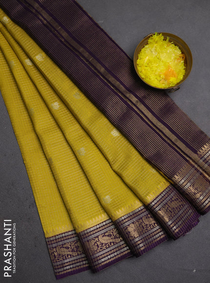 Semi mysore silk saree mustard yellow and violet with allover zari checks & buttas and zari woven border