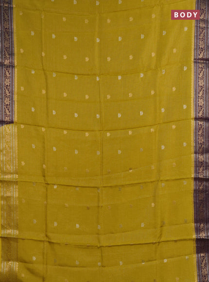 Semi mysore silk saree mustard yellow and violet with allover zari checks & buttas and zari woven border