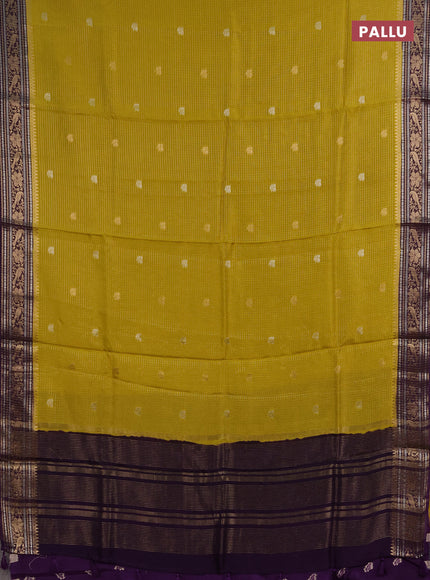 Semi mysore silk saree mustard yellow and violet with allover zari checks & buttas and zari woven border