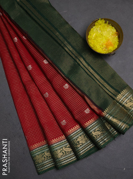 Semi mysore silk saree maroon and bottle green with allover zari checks & buttas and zari woven border