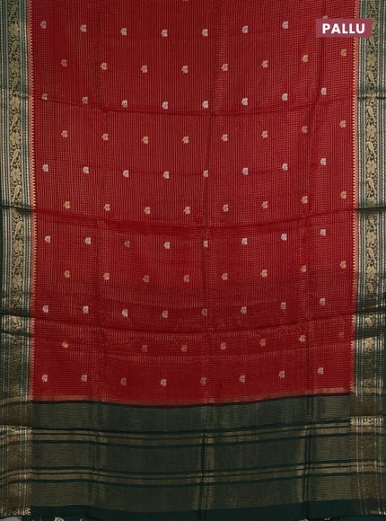 Semi mysore silk saree maroon and bottle green with allover zari checks & buttas and zari woven border