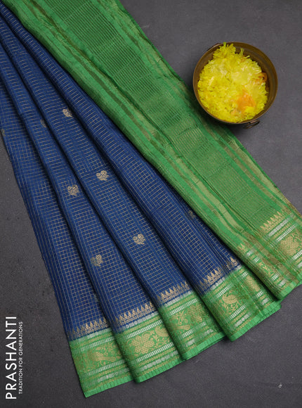 Semi mysore silk saree blue and green with allover zari checks & buttas and zari woven border