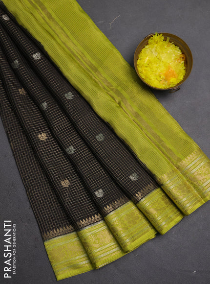 Semi mysore silk saree black and lime green with allover zari checks & buttas and zari woven border