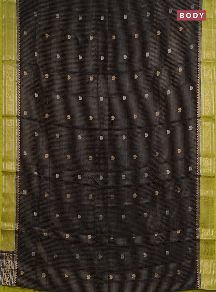 Semi mysore silk saree black and lime green with allover zari checks & buttas and zari woven border