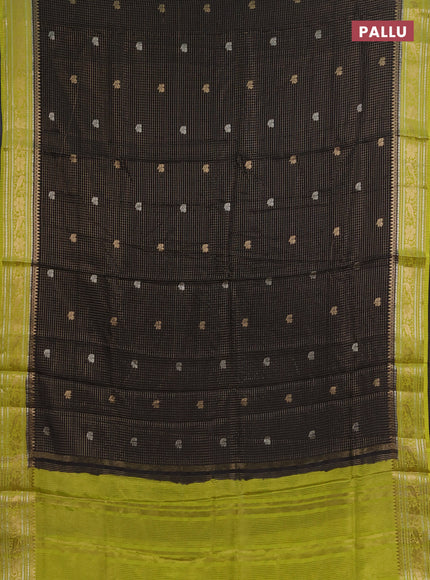 Semi mysore silk saree black and lime green with allover zari checks & buttas and zari woven border