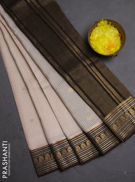 Semi mysore silk saree beige and coffee brown with allover zari checks & buttas and zari woven border
