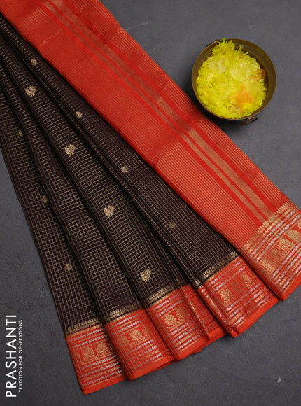 Semi mysore silk saree coffee brown and orange with allover zari checks & buttas and zari woven border