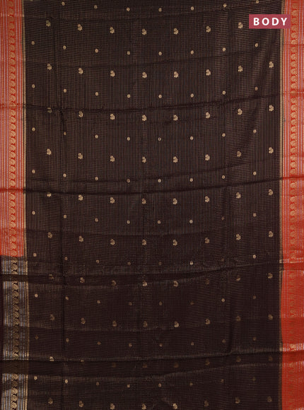 Semi mysore silk saree coffee brown and orange with allover zari checks & buttas and zari woven border