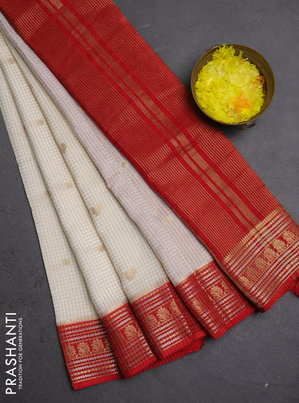 Semi mysore silk saree cream and red with allover zari checks & buttas and zari woven border