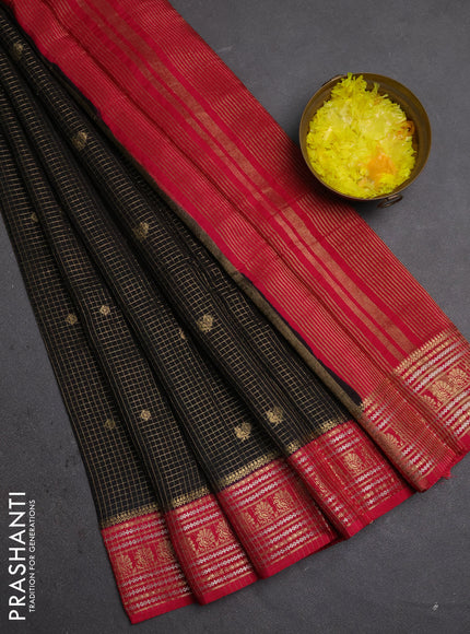 Semi mysore silk saree black and pink with allover zari checks & buttas and zari woven border