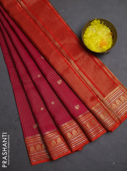 Semi mysore silk saree maroon and orange with allover zari checks & buttas and zari woven border