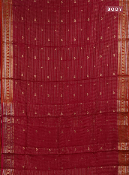 Semi mysore silk saree maroon and orange with allover zari checks & buttas and zari woven border