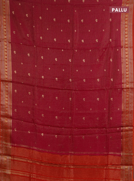 Semi mysore silk saree maroon and orange with allover zari checks & buttas and zari woven border