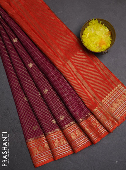 Semi mysore silk saree wine shade and orange with allover zari checks & buttas and zari woven border