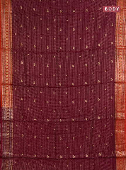 Semi mysore silk saree wine shade and orange with allover zari checks & buttas and zari woven border