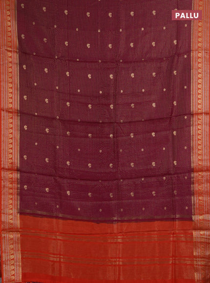 Semi mysore silk saree wine shade and orange with allover zari checks & buttas and zari woven border
